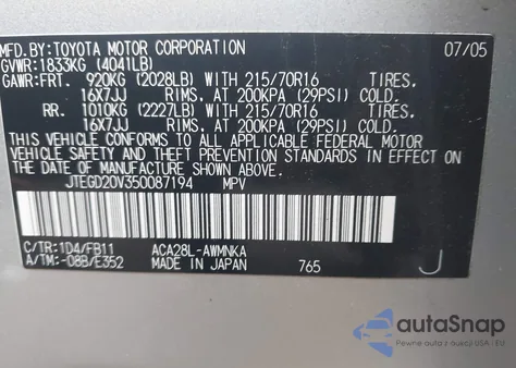 2005 Toyota Rav4 из США, поврежденный, VIN JTEGD20V350087194